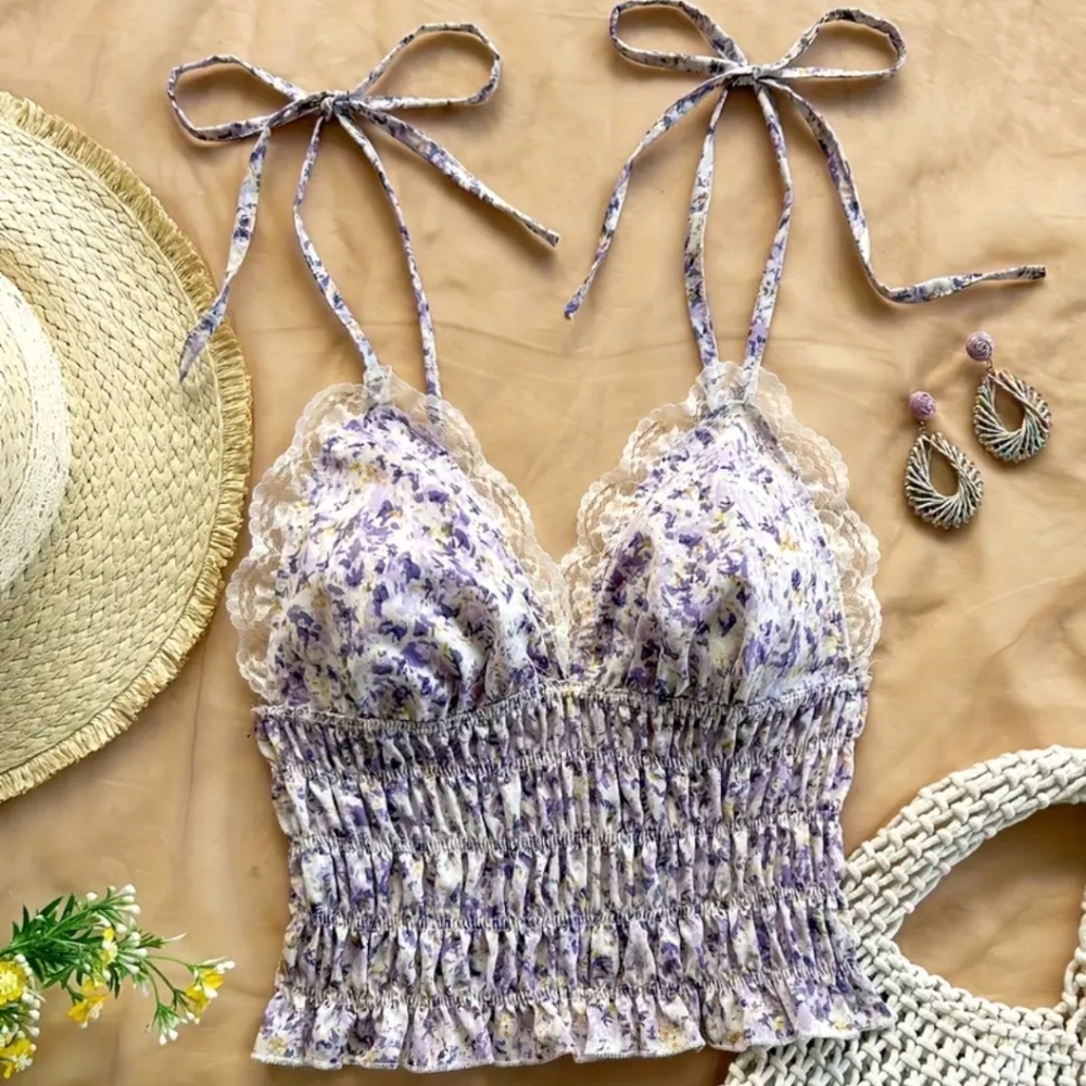 Size S Floral Purple Lace Trimmed Women's Top NWT